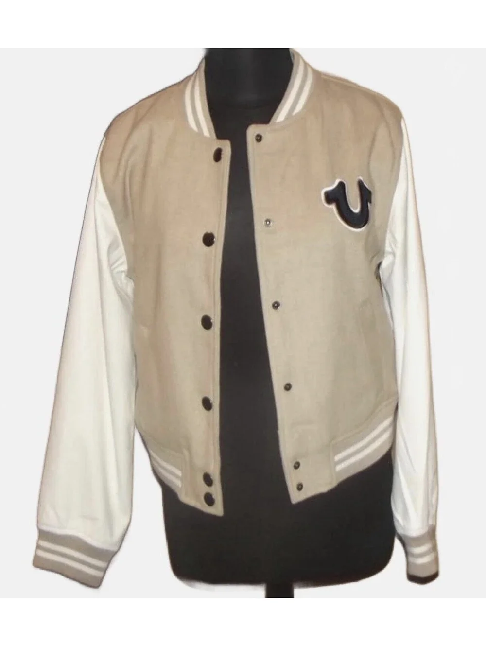 True Religion True Varsity Jacket XL Tan Beige White Snap Button Logo NEW $239